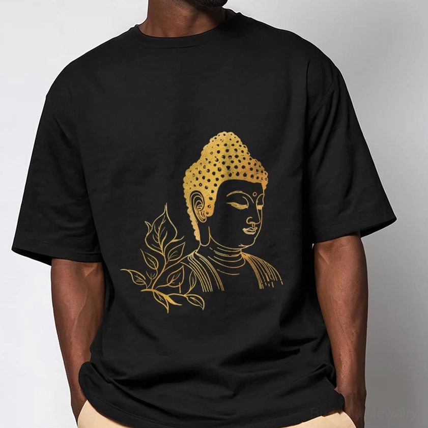 Male model wearing black Buddhist t-shirt with gold Buddha design, torso view showing spiritual artwork