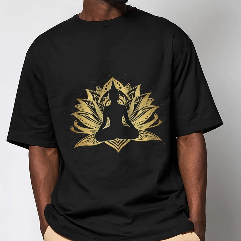 Close-up front torso view of black meditation Buddha tee with gold lotus print, studio mockup
