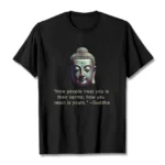 Black Buddha karma quote t-shirt flat lay front view with white ink screen print design