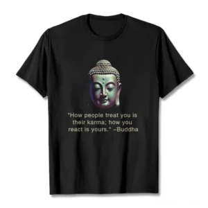 Black Buddha karma quote t-shirt flat lay front view with white ink screen print design