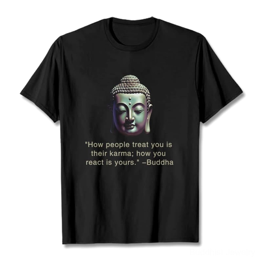 Black Buddha karma quote t-shirt flat lay front view with white ink screen print design