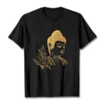 Black Buddhist meditation graphic tee with gold Buddha and leaf print, flat lay front view