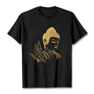 Black Buddhist meditation graphic tee with gold Buddha and leaf print, flat lay front view