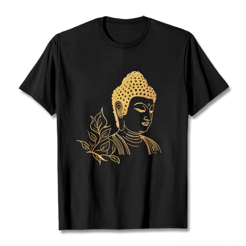 Black Buddhist meditation graphic tee with gold Buddha and leaf print, flat lay front view