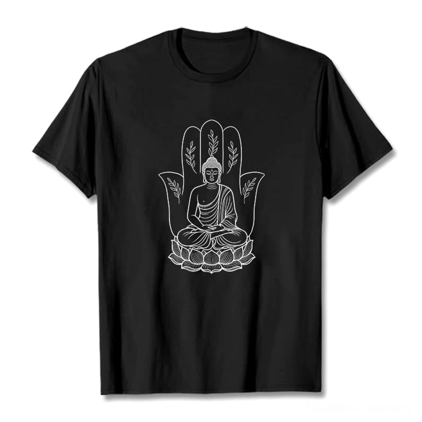Black meditating Buddha lotus hand spiritual cotton t-shirt flat lay front