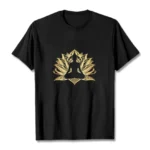 Black Buddha lotus meditation graphic t-shirt with gold foil print, flat lay front view on white background