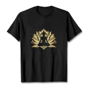 Black Buddha lotus meditation graphic t-shirt with gold foil print, flat lay front view on white background