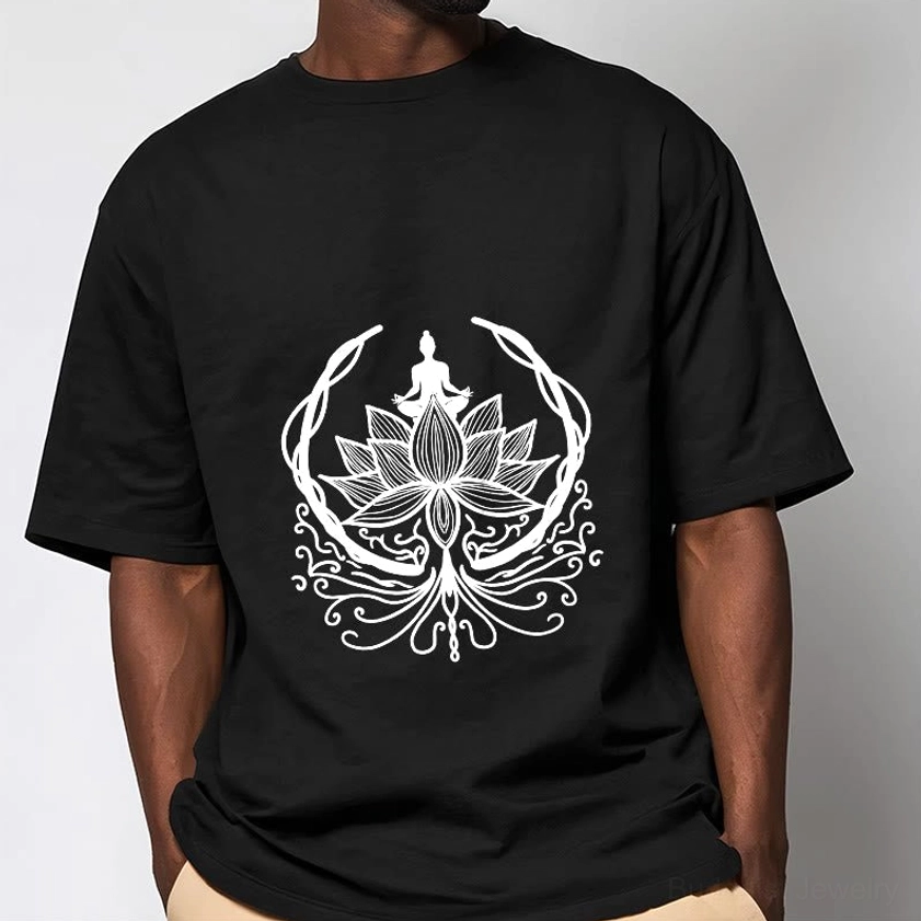 Man modeling black Buddhist meditation t-shirt with seated Buddha in lotus flower design