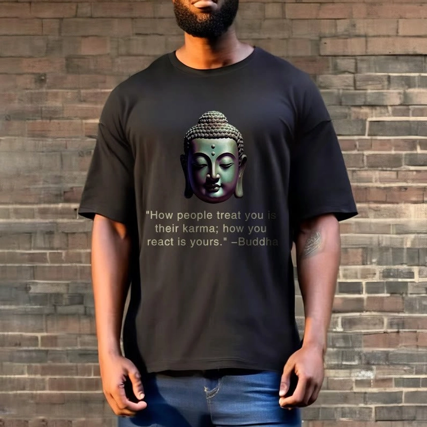 Black Buddha karma tee full male model wearing with casual streetwear jeans outdoor brick background