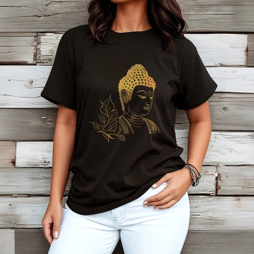 Female model wearing black Buddhist t-shirt with gold Buddha print and crew neck detail