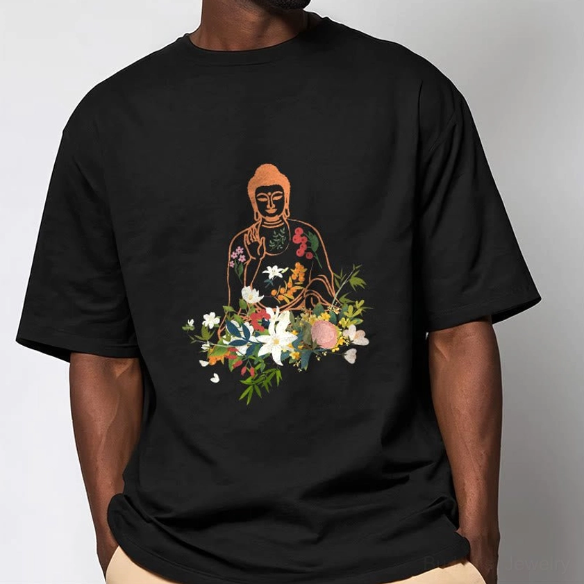 Male model wearing black Buddha blooming flowers t-shirt indoor close-up portrait - mindfulness casual wear