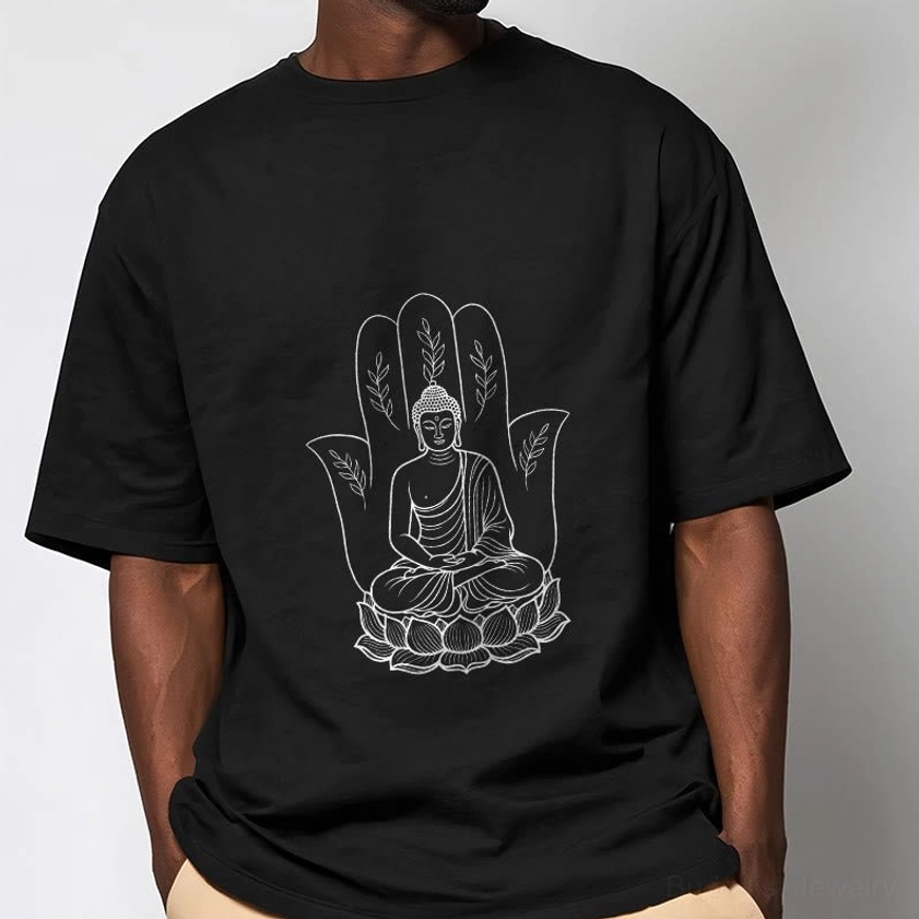 Men wearing black Buddhist meditation lotus hand t-shirt studio casual wear