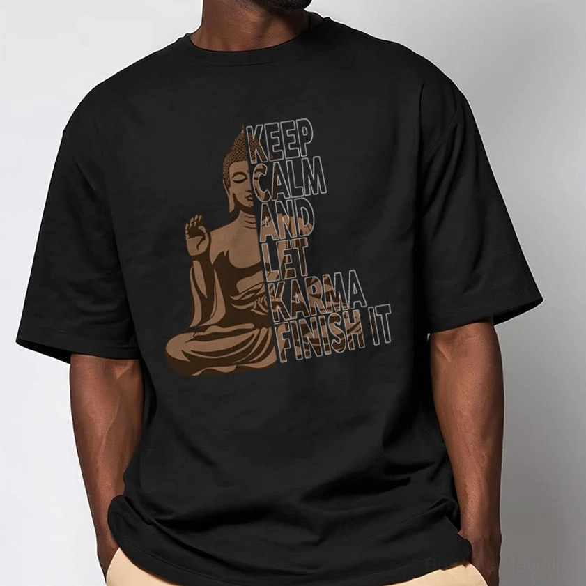 Front view black Buddhist graphic tee with relaxed fit and karma spiritual design