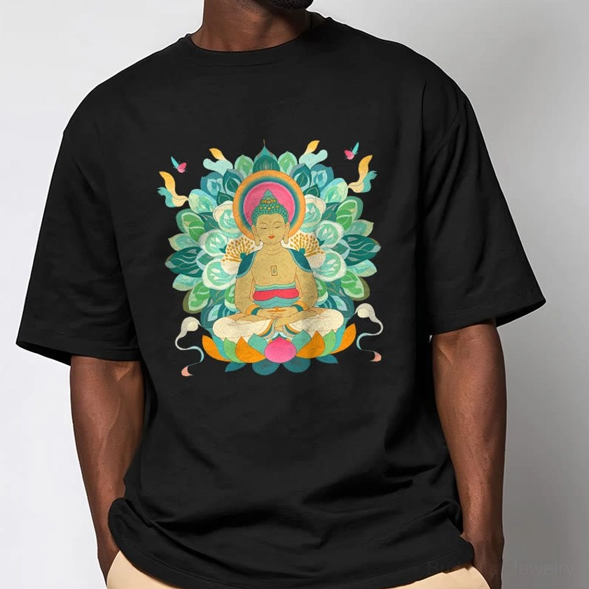 Male model wearing black Buddhist graphic tee with lotus print studio background mindfulness wear