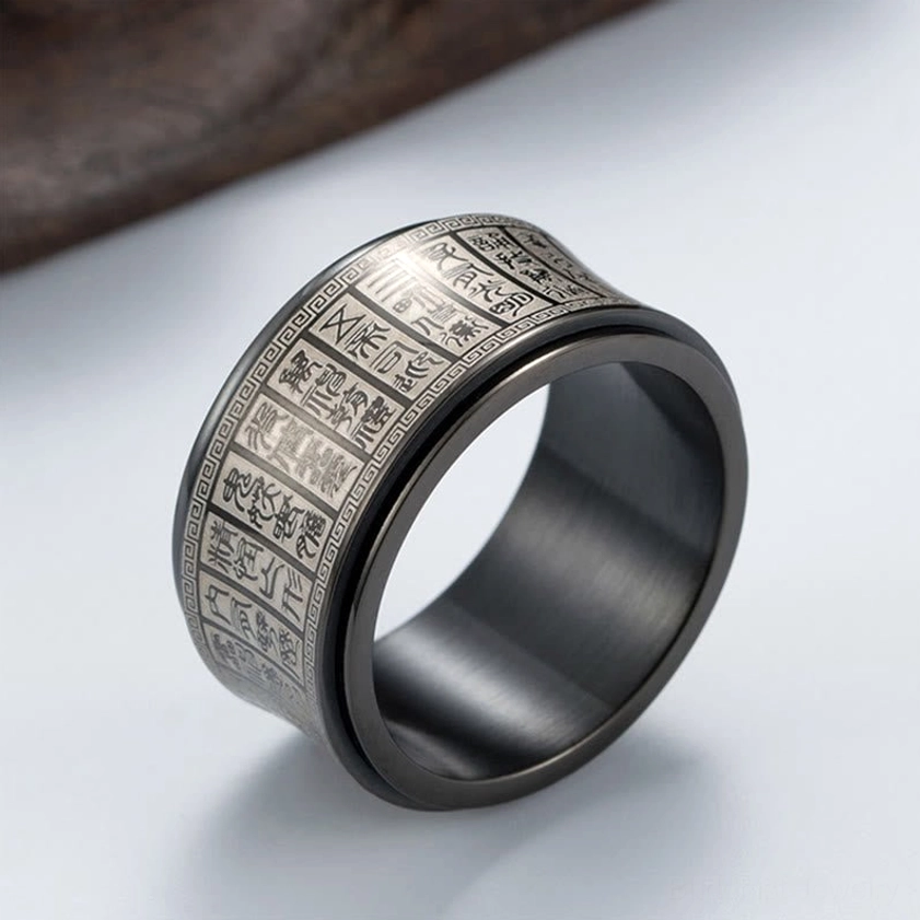 Black titanium steel Buddhist mantra spinner ring - size reference view