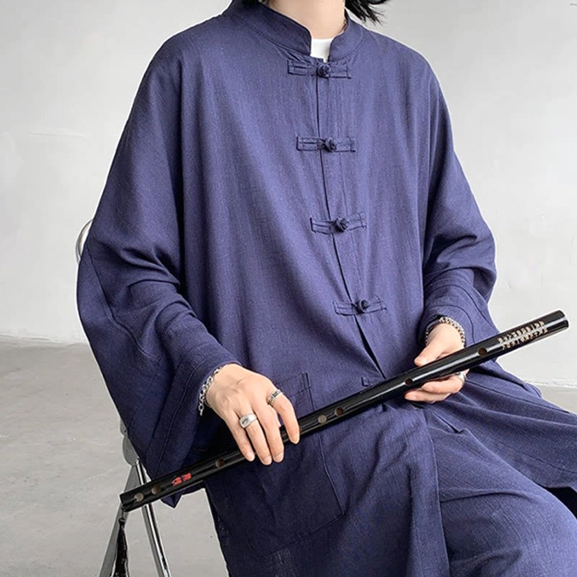 Black men's Buddhist meditation set detail view of frog button fastening and stand collar construction
