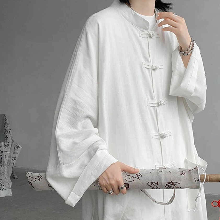 Men's black Buddhist meditation cotton clothing set full body front view with frog button shirt