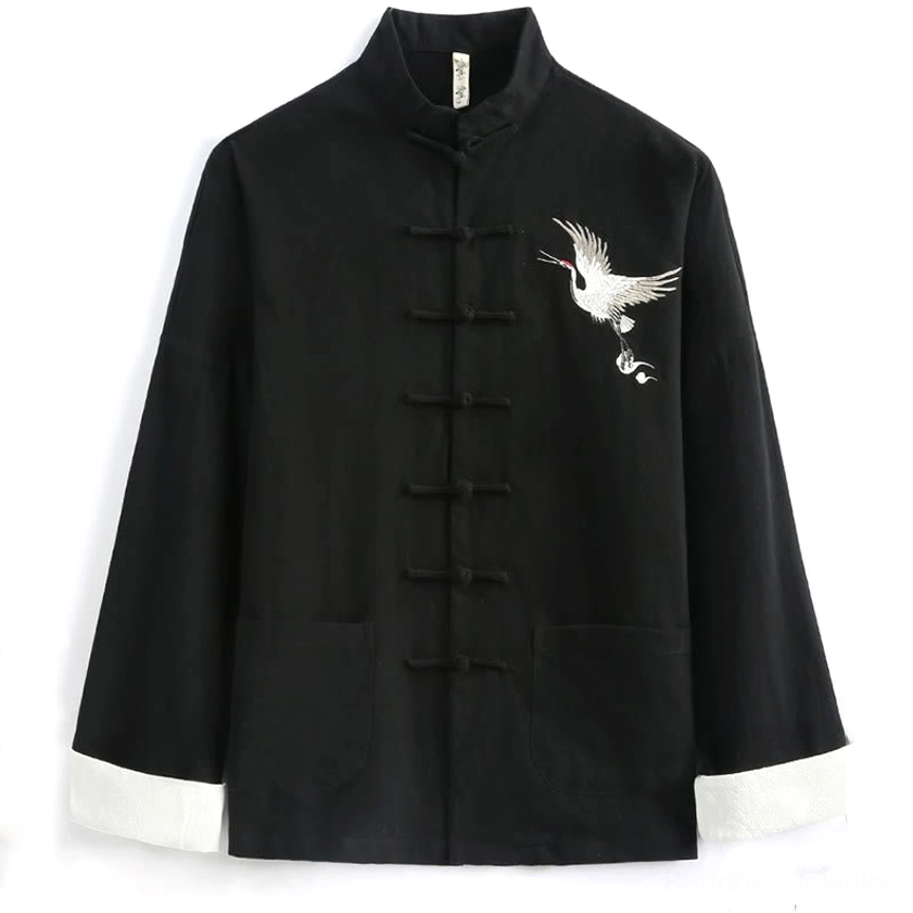 Black Tang suit jacket with red-crowned crane embroidery and traditional frog buttons