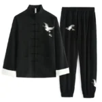 Black crane embroidery Tang suit two-piece set for men, front view with stand collar and frog button closures