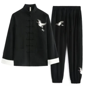 Black crane embroidery Tang suit two-piece set for men, front view with stand collar and frog button closures
