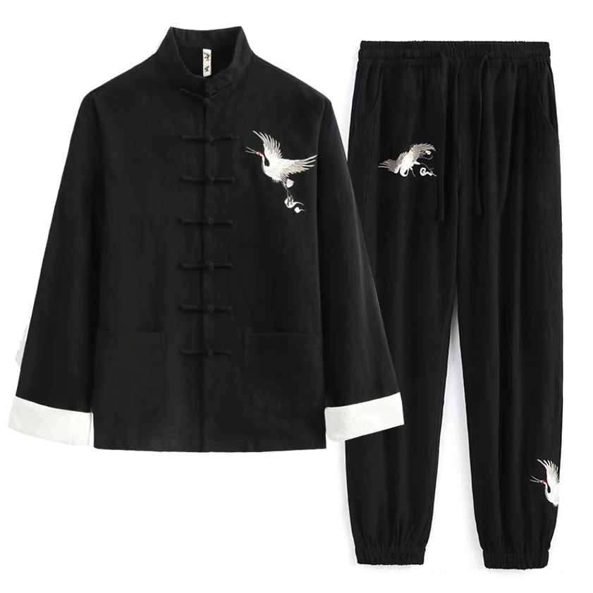 Black crane embroidery Tang suit two-piece set for men, front view with stand collar and frog button closures