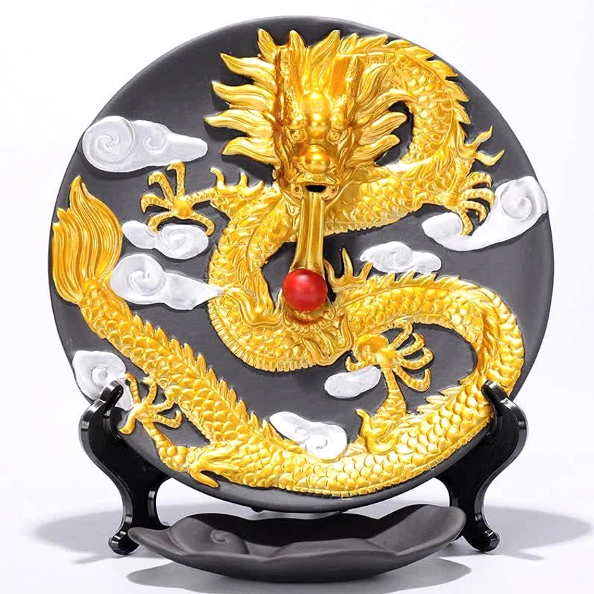 Dark grey embossed dragon backflow incense burner with cascading smoke effect and lit cone
