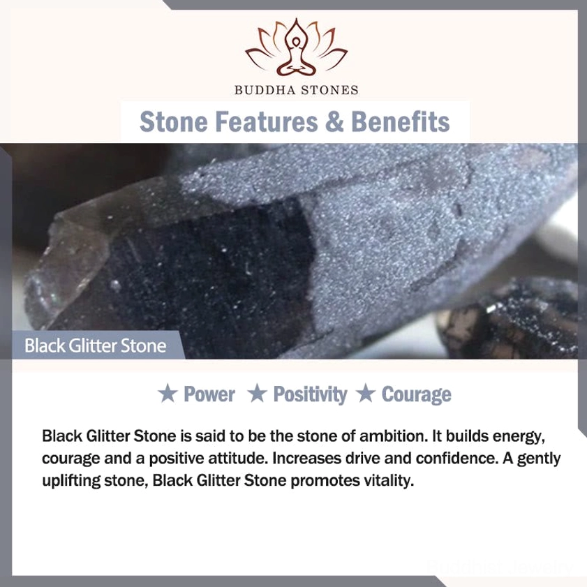 Black glitter stone metaphysical properties card showing power, positivity, courage benefits