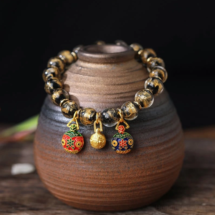 Black gold Liuli glass bead bracelet with gold-toned metal beads and Chinese blessing Pixiu pendants - protection and grounding spiritual bracelet