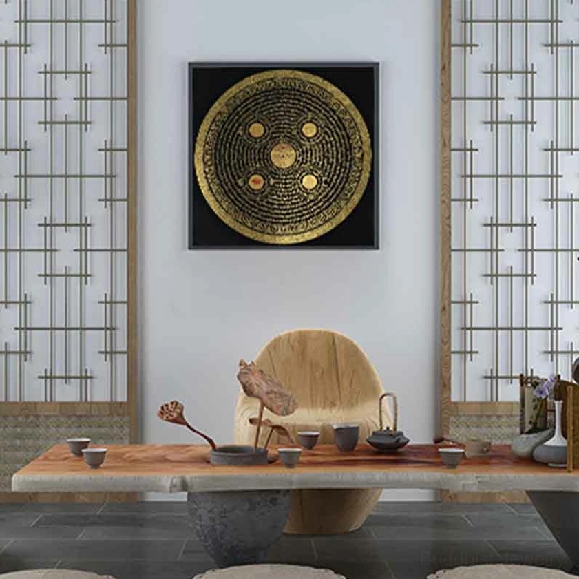 Black and gold Om Mani Padme Hum mandala thangka displayed on minimalist tea room wall - elegant compact circular Buddhist design