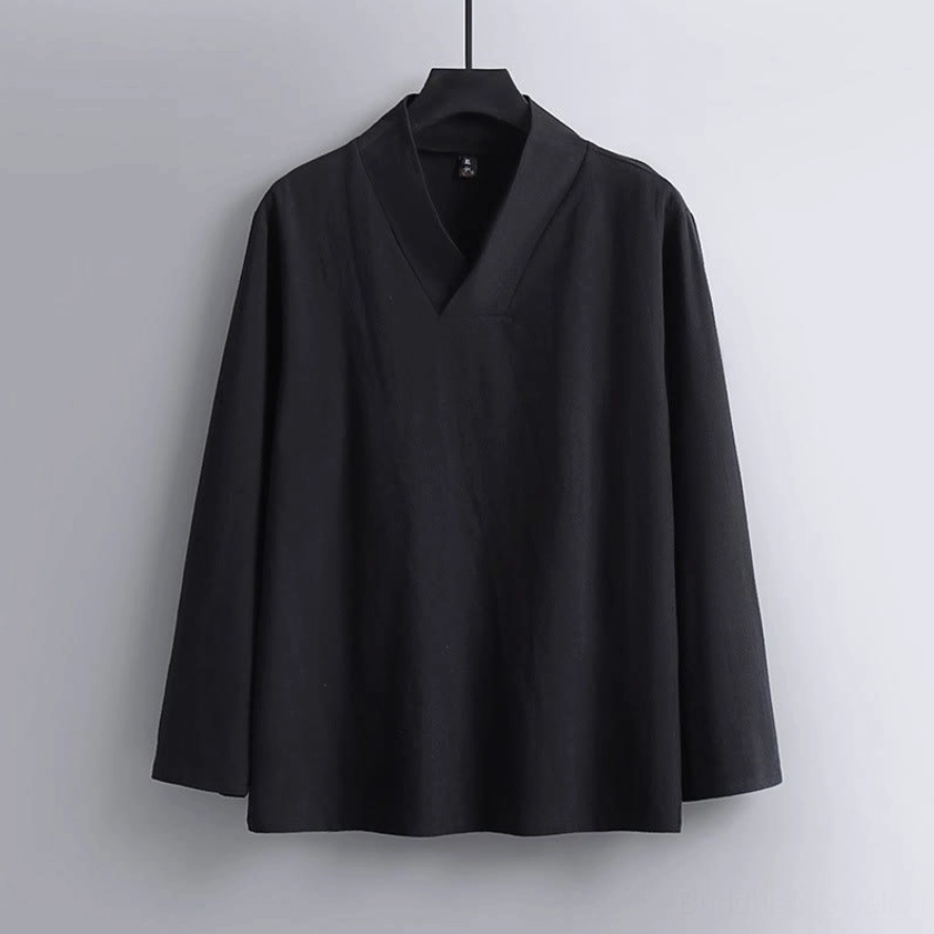 Black traditional cross-collar Hanfu top with long sleeves loose silhouette