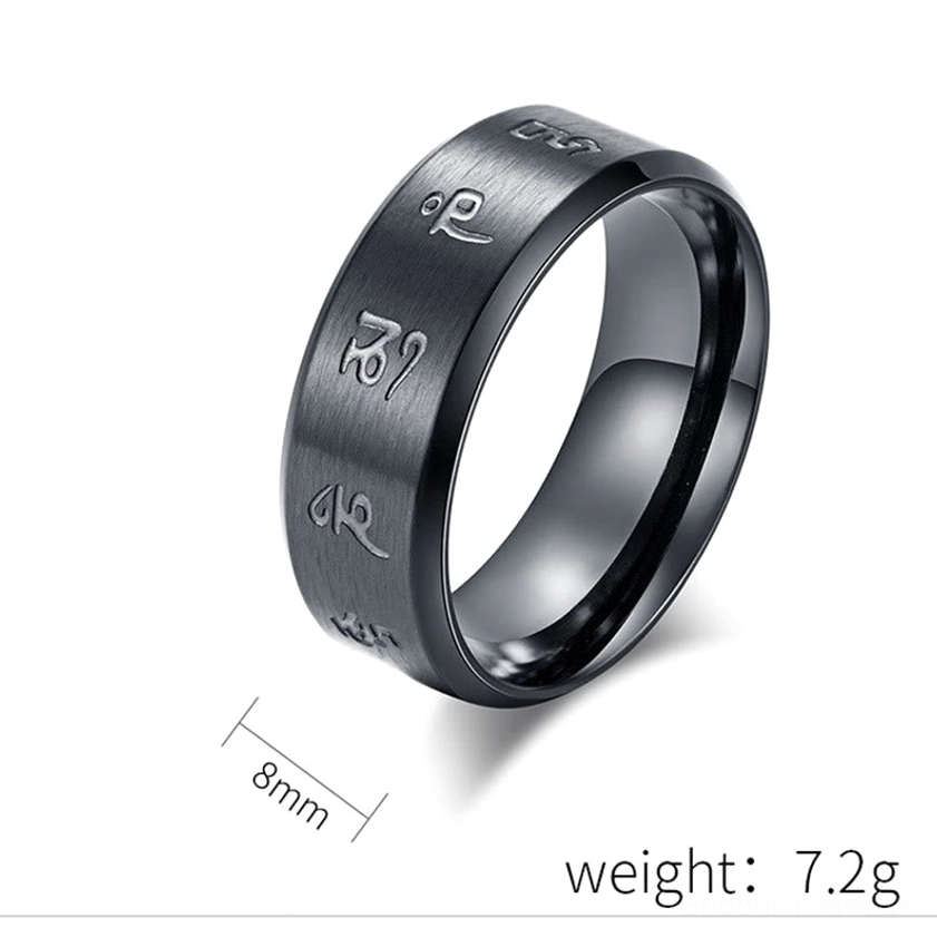 Black Jambhala titanium steel ring for prosperity, protection, and spiritual balance—handmade with sacred Buddhist mantras