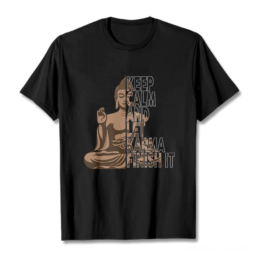 Black Buddhist karma graphic t-shirt front flat lay with spiritual print and crew neck