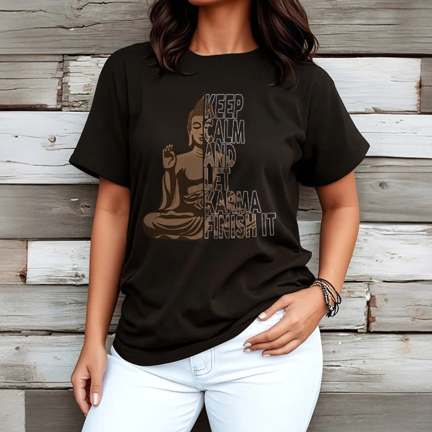 Black Buddhist graphic t-shirt paired with white jeans wooden wall casual daily wear