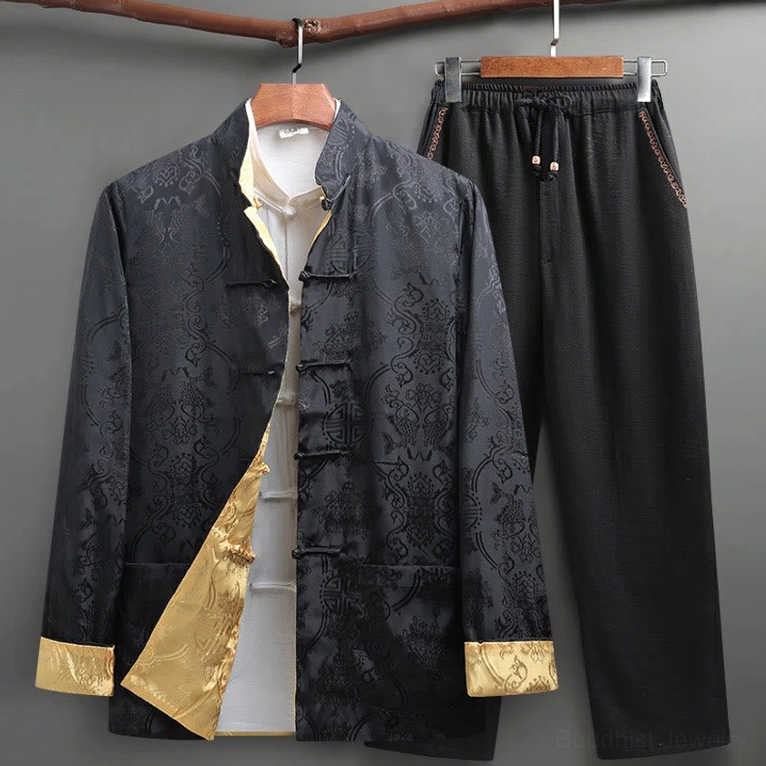 Black koi fish Tang suit set styled for formal occasions and cultural celebrations