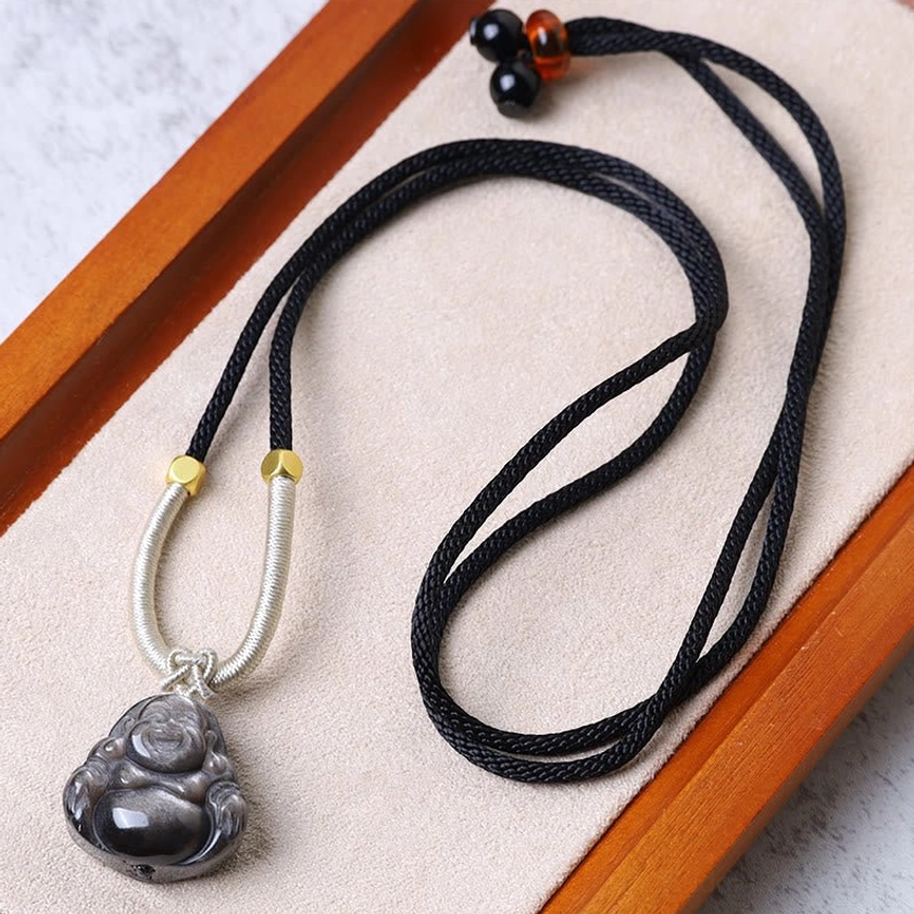 Black silver sheen obsidian Laughing Buddha necklace pendant, dark carved Maitreya Buddha on adjustable braided rope cord