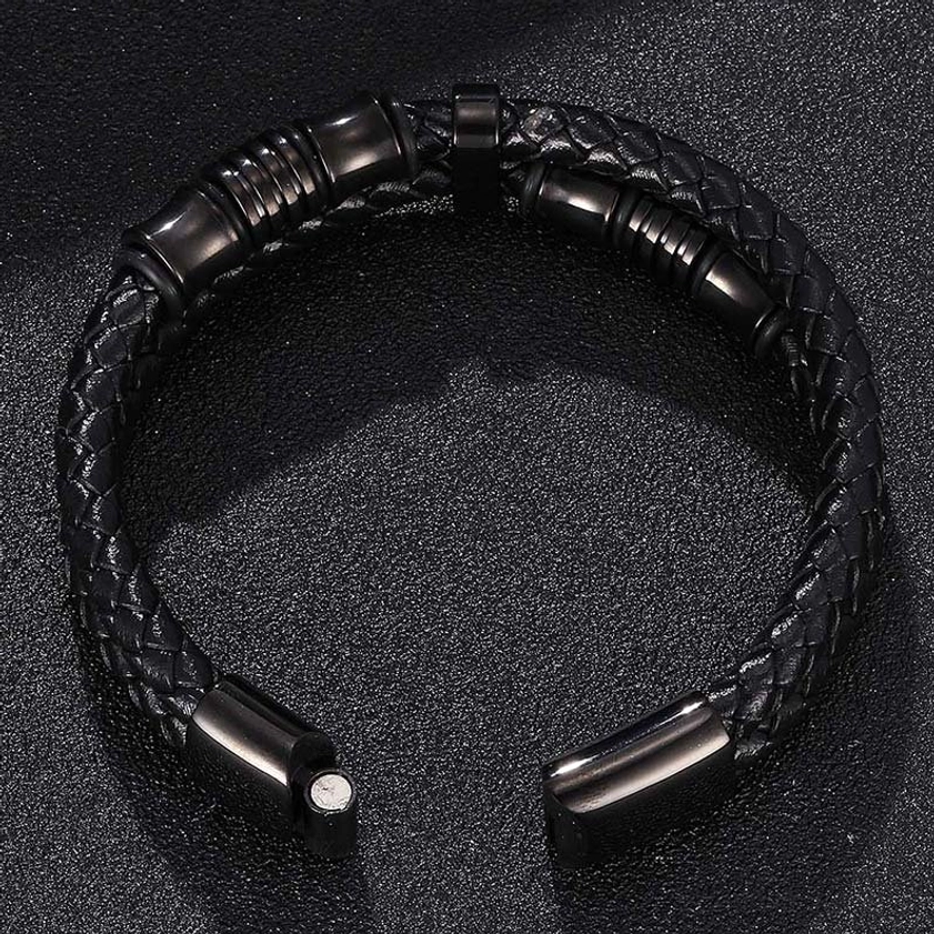 Black leather weave bracelet displaying open magnetic clasp design and woven leather structure