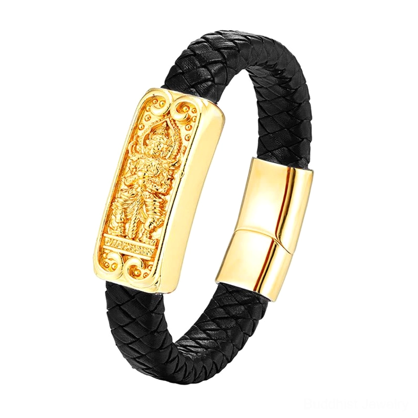 Black braided leather Buddha symbol titanium steel bracelet with gold-plated Buddha charm and magnetic clasp, front flat lay view
