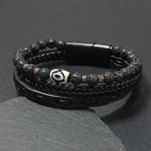 Black leather nine-eye dzi bead lava rock bracelet with magnetic clasp top view