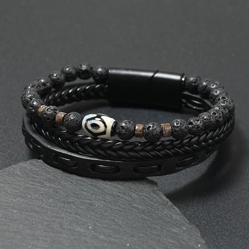 Black leather nine-eye dzi bead lava rock bracelet with magnetic clasp top view