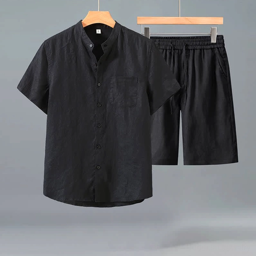 Men's black linen meditation set front display - stand collar button-up shirt with elastic waist shorts for yoga practice