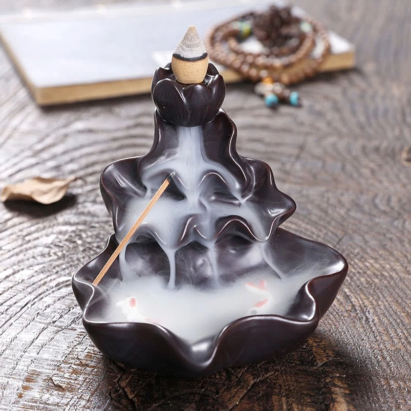 Black lotus koi ceramic backflow incense burner for meditation