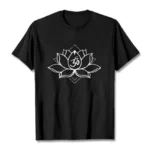 Black Sacred Lotus Om Buddhist T-Shirt front view flat lay showing white ink spiritual print design