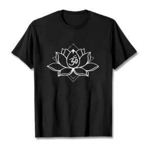 Black Sacred Lotus Om Buddhist T-Shirt front view flat lay showing white ink spiritual print design