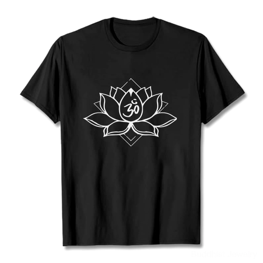 Black Sacred Lotus Om Buddhist T-Shirt front view flat lay showing white ink spiritual print design