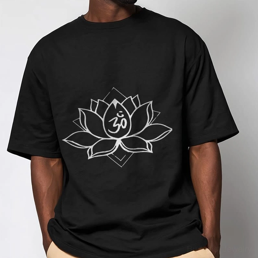 Male model wearing black Lotus Om Buddhist cotton t-shirt with relaxed fit casual style