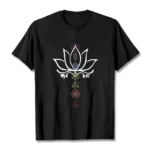 Black sacred lotus geometry Buddhist t-shirt flat lay front view on white background