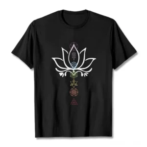 Black sacred lotus geometry Buddhist t-shirt flat lay front view on white background