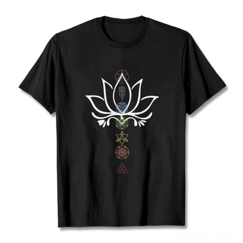 Black sacred lotus geometry Buddhist t-shirt flat lay front view on white background