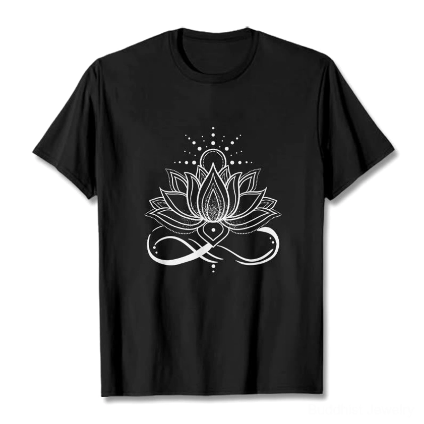 Black lotus flower sun design Buddhist t-shirt with white graphic print, front flat lay on white background