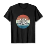 Black sacred lotus sunset vintage Buddhist t-shirt front flat lay display with retro striped design
